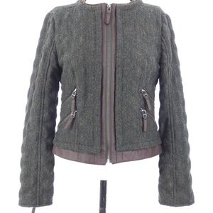 Zara Womens Quilted Jacket Wool Blend Brown Tweed Zip Up Collarless Sz M - NEW